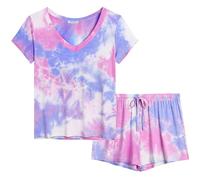 Amorbella Ladies Breathable Pyjamas Loose Soft Jammies Viscose Made from Bamboo Cozy Stretchy Pajama Set Menopause Moisture Wicking (Tie Dye Purplepink,XXL)