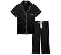 Amorbella Short Sleeve Pjs for Women Capri Pajama Sets Button Up Pyjamas Bamboo Cooling(Black. Small)