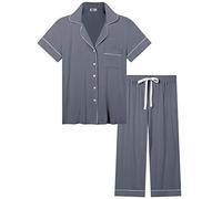 Amorbella Soft Button Up Pyjamas for Women Short Sleeve Pjs Capri Pajama Set Bamboo Cooling Nightwear(Grey, Small)
