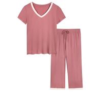 Amorbella Viscose Derived from Bamboo Pyjamas Capri Set Light Cooling PJs Women Hot Flashes Summer Short Sleeve Nightwear (Old Rose, XL)