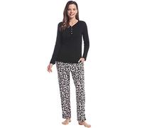Amorbella Winter Pajama Pants Set 100% Cotton Long Sleeve Thick Warm PJs Set for Women Petite (Black Cheetah, Small)