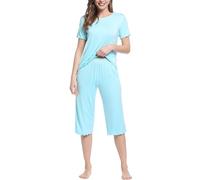 Amorbella Womens Bamboo Viscose Pyjamas Set Jersey Knit Pajamas Hot Flashes Pjs Nightwear(Light Blue. Small)