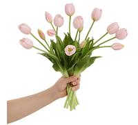 Amore Florals 15 pcs Tulips Artificial Flowers Faux Tulips Real Touch Latex Fake Flower Bouquet for Wedding, Office, Party, Home Décor Centerpiece Arrangements (Light Pink)