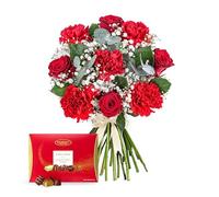 Amore - Fresh Flowers - Alluring blend of red roses, red carnations, eucalyptus and cinerea. - Valentines Flowers - Gift for Her - Valentine Bouquet (+ Chocolates)