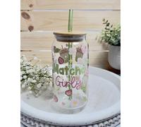 Amore. MAKERS Matcha Girly Glass Mason Jar with Straw, 16oz Borosilicate Glass, Floral Design, Pink and Green, Wooden Lid, for Hot and Cold Drinks
