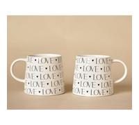 Amore Mugs Set of 2 - Love | Pair of white mugs with black love typography and heart details for shared coffees, teas and romantic kitchen moments
