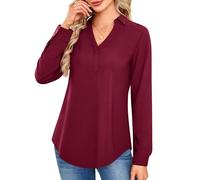 Amoretu Blouses for Women Chiffon Long Sleeve Collared Shirt Office Wear Tops Burgundy XXL