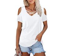 Amoretu Womens Summer Shirts V Neck Criss Cross Cold Shoulder Tops Blouse, A1:white, XL