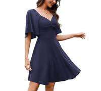Amoretu Womens Sweetheart Neckline Stretchy Summer Dress Flutter Sleeve Flowy A-Line Mini Dresses, Navy Blue, S
