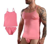 Amorgours Men's Sissy Crossdressing Lingerie Plus Size French Maid Roleplay Costume Cosplay Pajamas Outfits Set-Pink-XXLarge