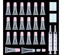 AMORIX 50pcs 5ml Pink Cap Lip Gloss Tubes Lip Gloss Container Empty Lip Balm Tubes Squeeze Lip Gloss Tubes + 2 x 20ml Syringes Labels for DIY Lip Gloss Base Glitter