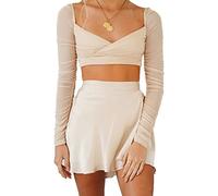 AmorLee Womens Wrap Mini Skirts Casual High Waist Self Tie Knot Silk Satin Short Skater Skirt, B Beige, Large