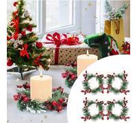Amorly 4Pcs Mini Christmas Candle Ring Wreaths, Red Berry Pine Leaf Design, Decorative Small Wreath For Pillar Candles Table Centrepiece