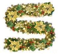 Amorly Pre Lit Artificial Christmas Garland 9Ft, Battery Operated Led Rattan Vine With Gold Flower Decor, Indoor Outdoor Festive Ornament