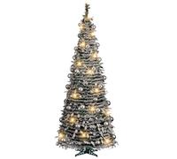AMOS 1.8m Pre-Lit Pop Up Christmas Tree with Warm White LED Lights, Decorated with Silver, Matte & Pink Baubles, Snow-Sprayed Finish - Realistic & Easy to Assemble (Silver Flocked Telescopic Tree)
