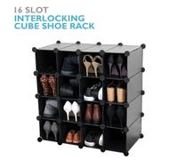 Amos 16 Pair Interlocking Cube Shoe Storage Rack Organiser With Adjustable Modular Slot Shelf Box - Black