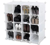 AMOS 16 Pair Interlocking Cube Shoe Storage Rack Organiser with Back Panels Space-Saving Adjustable Modular Slot Shelf Box Unit Boots Trainers Display Stand Holder (White)