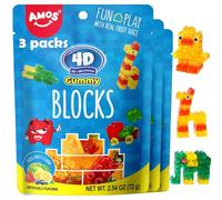 AMOS 4D Gummy Sweets Blocks & Bricks Candy, Mix Fruits Sweet 4 Flavors (Strawberry & Lemon & Blueberry & Apple), Fruit Chews Sweet Kids Party 64g/Bag- 3 Bags