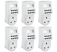 AMOS Digital Timer Plug Switch 12 / 24 Hour 7 Day Socket Programmable Mains LCD Display UK 3 Pin Wall Plug In Electronic AM / PM 12hr / 24hr Time Clock Energy Saver Power Controller Home Security (6 Pack)