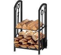 AMOS Firewood Stand Log Rack Holder with 4 Piece Fireplace Tools Set Black with Removable Kindling Holder.For Indoor and Outdoor use,Black