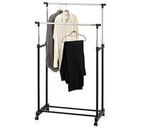 AMOS Heavy Duty Clothes Rail - Sturdy Black Metal Clothing Rack with Double Hanging Rail, Shoe Storage & 4 Hooks - Freestanding Wardrobe Organizer for Bedroom, Office & Retail Display