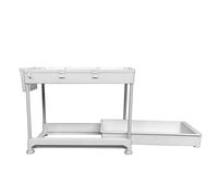 AMOS Sliding Under Sink Storage and Organiser 2-Tier Kitchen Storage Basket Organiser Pull Out Drawer with 4 Hooks for Bathroom Kitchen Countertop, White