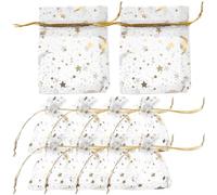 Amosfun 100pcs White Gold Foil Organza Drawstring Bags Decorative Mesh Pouches for Candy Jewelry Wedding Party Shower Christmas Presents