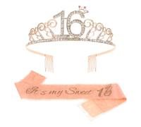 Amosfun 2pcs Birthday Crown Hair Band and Stylish Lettering Lace Sash Set Gold Alloy Party Accessories and Ladies Birthday Celebration