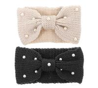 Amosfun 2pcs Knitted Bowknot Headbands with Pearl Embellishment, Warm Hair Bands for Women, Beige and Dark Grey Colors, Soft Stretchy Headbands for Daily and Winter Wear