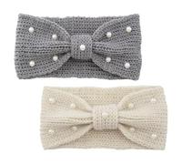 Amosfun 2pcs Knitted Pearl Bow Headbands for Women, Wide Stretch Winter Ear Warmers, Dark Grey Autumn Hair Scarves, Soft Crochet Turban Head Wraps for Cold Weather