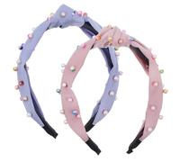 Amosfun 2pcs Knot Turban Hairbands Wide Fabric Headbands with Candy Pearl Accent, Solid Color Blue and Pink, Women and Hair Accessories for Daily Wear and Casual Styling