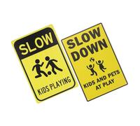 Amosfun 2pcs Metal Road Warning Signs for Kids Playing Caution with Slow down Reminder, Sturdy Street Safety Signs for Outdoor Traffic and Neighborhood Use