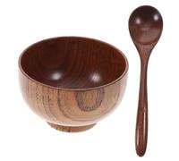 Amosfun 2pcs Natural Wood Grain Bowl and Spoon Set Wooden Rice Bowl with Spoon Lightweight Crack Resistant Food Container for Home and Restaurant Use Tableware for Fruit Salad and Snacks