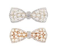 Amosfun 2pcs Rhinestone Pearl Bow Hair Clips with Butterfly Knot, Silver and Gold Hairpin Set, Elegant Headdress Accessories for Party and Daily Wear