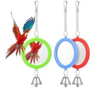 Amosfun 3 Pcs Small Bird Mirror with Bell, round Double-sided Cage Accessories for Parakeets, Cockatiels, and Small Parrots - Red, Green, Blue Interactive Parrot