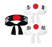 Amosfun 3pcs Samurai Warrior Headband for Japanese Bandana Hairband for Karate Cooking and Birthday Party Decorations Comfortable Tie Back Design with Vivid Colors