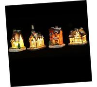 Amosfun 4pcs LED Flashing Resin Mini House Ornaments Christmas Village Accessories Luminous House Tabletop Decor for Home Xmas Display Random Style