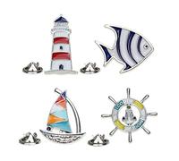 Amosfun 4pcs Nautical Brooch Pin Lighthouse Sailboat Ships Wheel Goldfish Clothes Badge