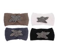 Amosfun 4pcs Women’s Knitted Hairbands with Rhinestone Four-leaf Clover, Warm Wide Headbands for Outdoor Use, Face Washing and Makeup Hair Bands in Black, Beige, Dark Grey, and Khaki