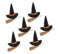 Amosfun 6 Set Hat Miniature Straw Brooms Halloween Ornaments Small Witches Hat Black Halloween Decorations Indoor Little Mini Wooden