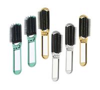 Amosfun 6pcs Foldable Hair Brush with Mirror Compact Detangler Brush Set, Soft Bristle Folding Pocket Hair Combs for Travel and Daily Styling, Green Silver and Gold
