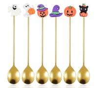 Amosfun 6pcs Halloween Dessert Spoons Set Stainless Steel Metal Spoons with Pumpkin, Black Cat, Witch Hat, and Ghost Designs for Party Serving and Restaurant Use