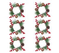 Amosfun 6pcs Rustic Circular Pine Cone Candle Wreaths Realistic Pine Needle Texture Fade Resistant and Bendable Pvc Foam Rings for Taper Candle Stand and Pillar for Christmas Table