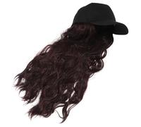 Amosfun Baseball Cap with Long Wavy Synthetic Wig, Black Hat with Deep Brown Curly Hair, Unisex Head Cap for Outdoor Sports and Casual Wear