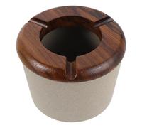 Amosfun Ceramic Ashtray with Wooden Lid, Windproof and Easy to Clean, Featuring Three Grooves the Lid and Elevated Ashtray Body, for Office and Parties