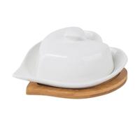 Amosfun Ceramic Butter Dish with Bamboo Handle Set White Porcelain Butter Storage Holder with Heart-Shaped Lid and Base Tray Decorative for Kitchen Use