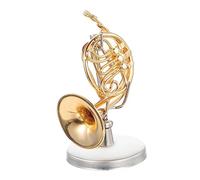 Amosfun Copper Plated Mini French Horn Model Home Decor with Black Leather Box and Stand Musical Instrument Ornament for Desk Decoration Artistic Living Accent for Music Enthusiasts