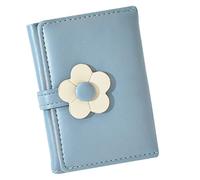 Amosfun Cute Wallet Pu Leather Tri-fold Change Purse with Flower Pattern, Small Blue Coin Bag for Students, Compact Korean Style Wallet