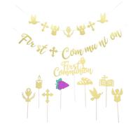 Amosfun First Holy Communion Party Supplies Religious Festivity Cake Toppers Cross and Bunting Banner Decorations for Baptism Christening Newborn and Confirmation Celebrations