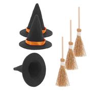 Amosfun Halloween Party Small Sorcerer Hat and Broom Set 6PCS Felt Miniature Hats Small Brooms DIY Craft Props
